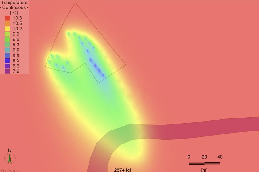 Grafik einer Simulation des Wärmeentzugs einer Geothermie-Anlage